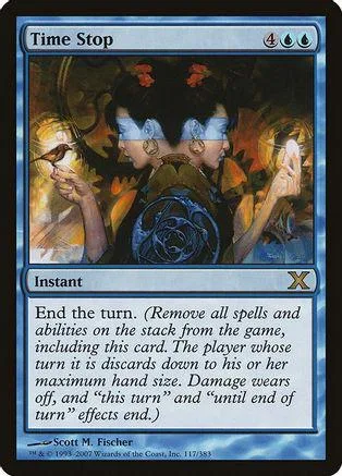 Blue and black Magic: The Gathering card, "Time Stop," in a protective sleeve.