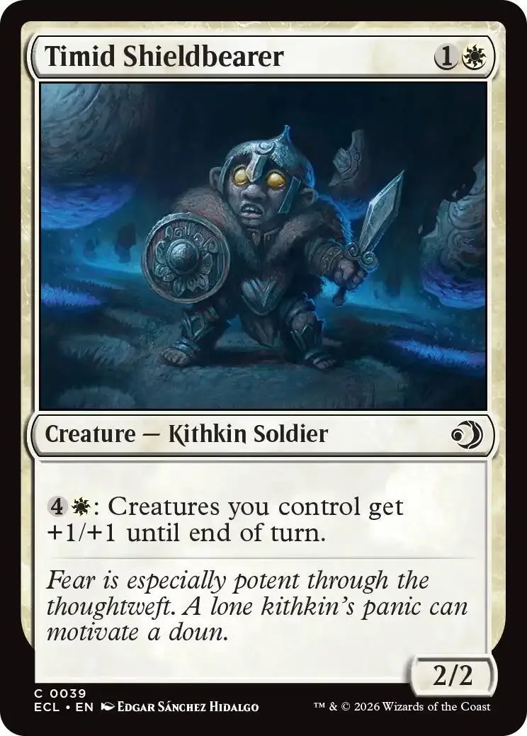 Small, dark creature with shield and sword on a blue, misty battlefield.