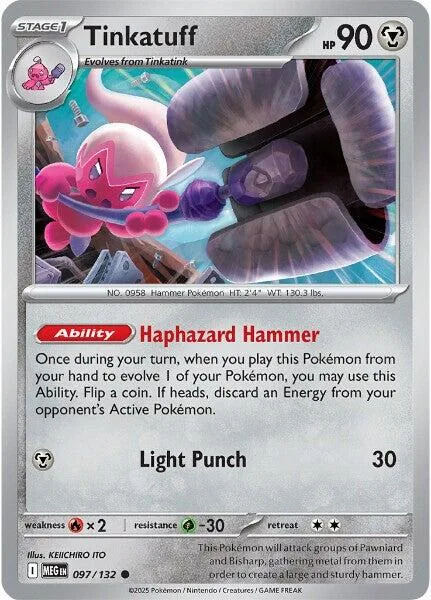 Purple and black Pokémon card, Tinkatuff, with ability text visible.