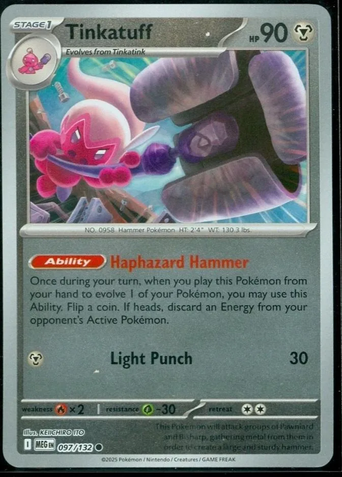 Purple and pink Pokémon card, Tinkatuff, with ability text visible.