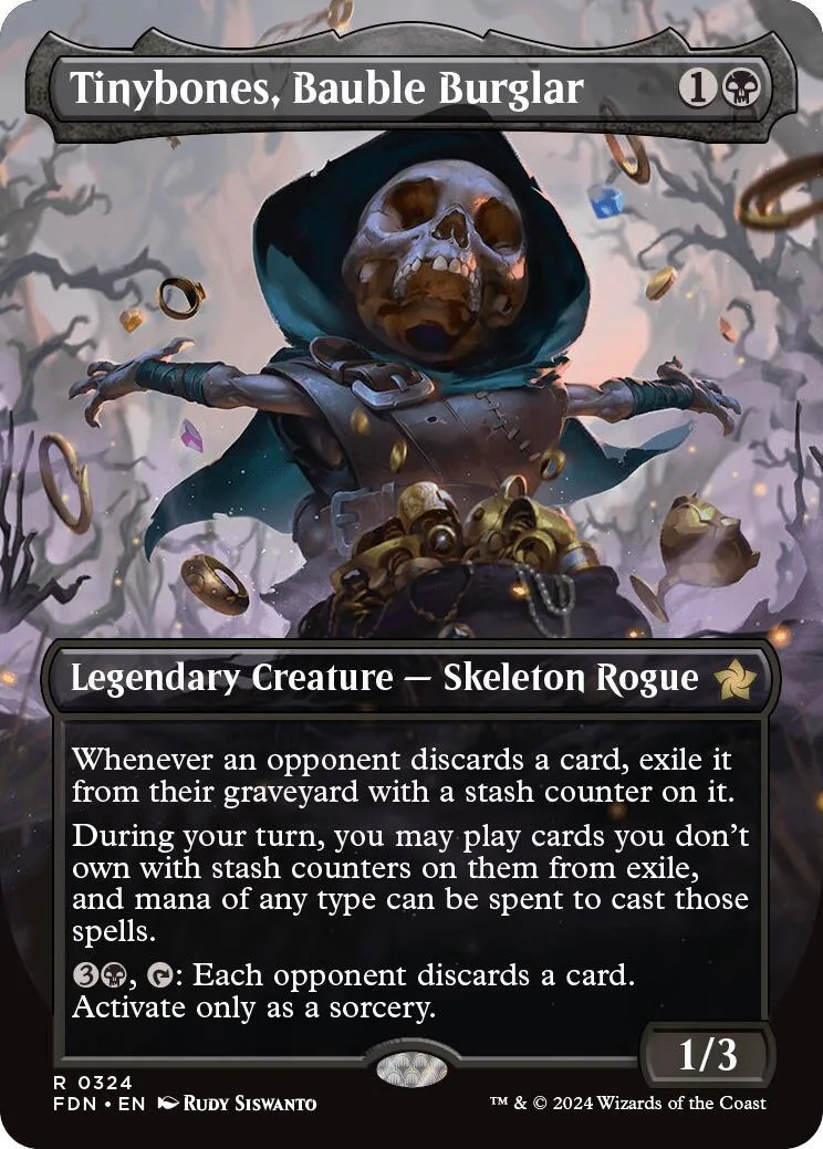 Skeleton burglar with skull head in dark, dusty environment. Magic: The Gathering card.