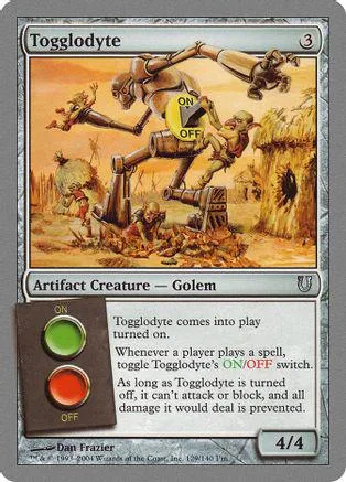 Card art depicts a muscular figure with ON/OFF switch amidst a desert scene.
