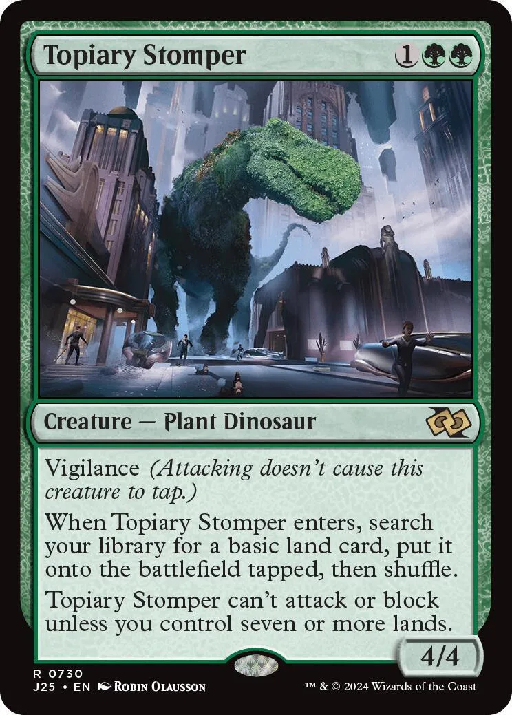 Green dinosaur creature in city setting on a Magic: The Gathering card.