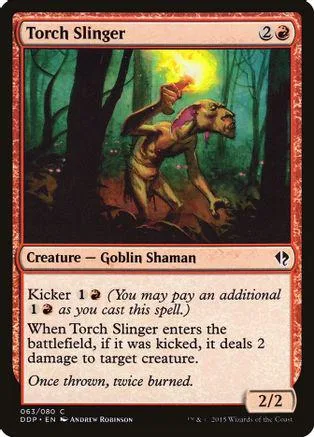 Goblin Shaman card art: creature in dark forest with glowing fire.