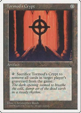 Dark, ominous card art featuring a cross in a cavernous, red-lit crypt.