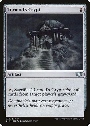 Dark, gothic crypt structure on a card. Black and grey tones.