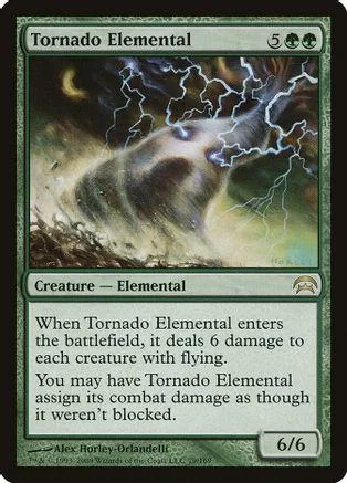 Elemental creature card art: swirling storm, lightning, dark colors.