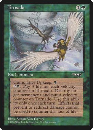 Tornado card art: dark tree, large white wings, stormy sky.