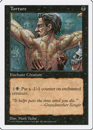 Man with scarred torso on dark background, Magic: The Gathering card.