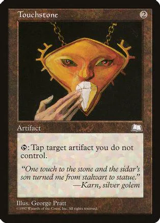 Yellow, diamond-shaped face with chains, hand touching it. Magic: The Gathering card.