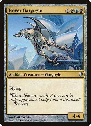 Flying gargoyle creature card, blue and white art, black border.