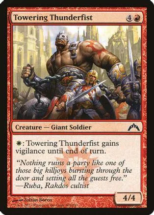 Giant soldier with red and brown armor on a fantasy battlefield card.