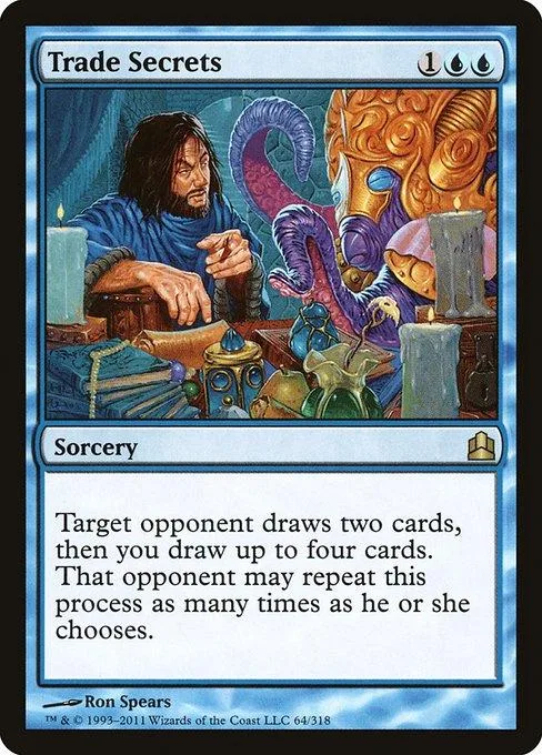 Blue and black Magic: The Gathering card, Trade Secrets, fantasy art.