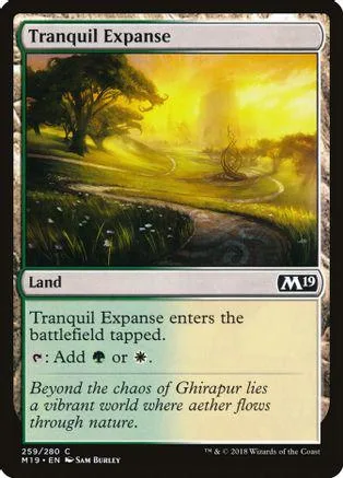 Green and yellow landscape art on a Magic: The Gathering land card.