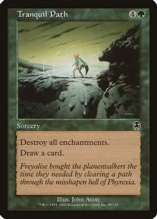 Card art depicts figure walking on misty path between dark mountains.