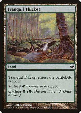 Forest scene with stream and large tree trunk on a Magic: The Gathering card.