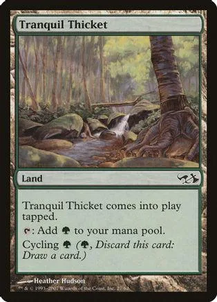 Forest scene on a Magic: The Gathering card, Tranquil Thicket land.