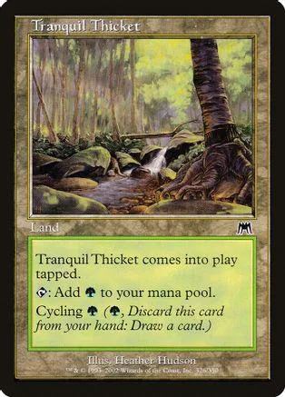 Green forest scene on a card with "Tranquil Thicket" text.