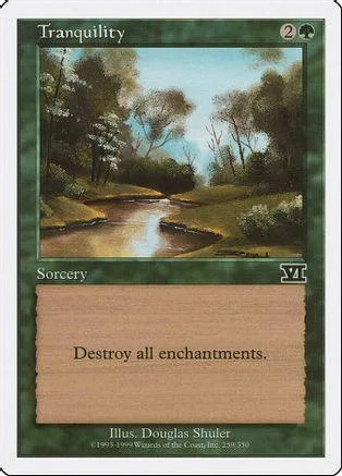 Magic: The Gathering card, Tranquility, green landscape art, white border.