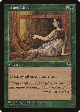 Woman sits under tree, holding flower, on "Tranquility" Magic card.
