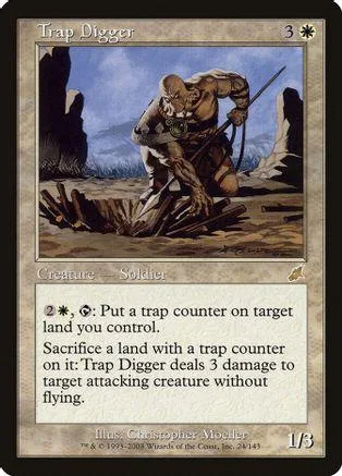 Creature card art: muscular figure digging in dirt, brown and blue tones.