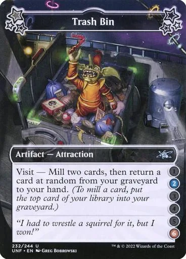 Monster in a trash bin, orange and green, on a collectible card.