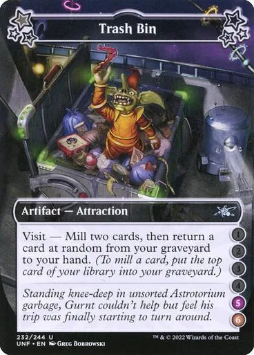 Green goblin in trash bin, purple and orange colors, Magic: The Gathering card.