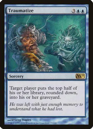 Dark fantasy art card, "Traumatize," showing monstrous figures in green and blue tones.