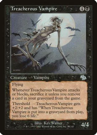 Grey vampire creature flying against a pale moon on a trading card.