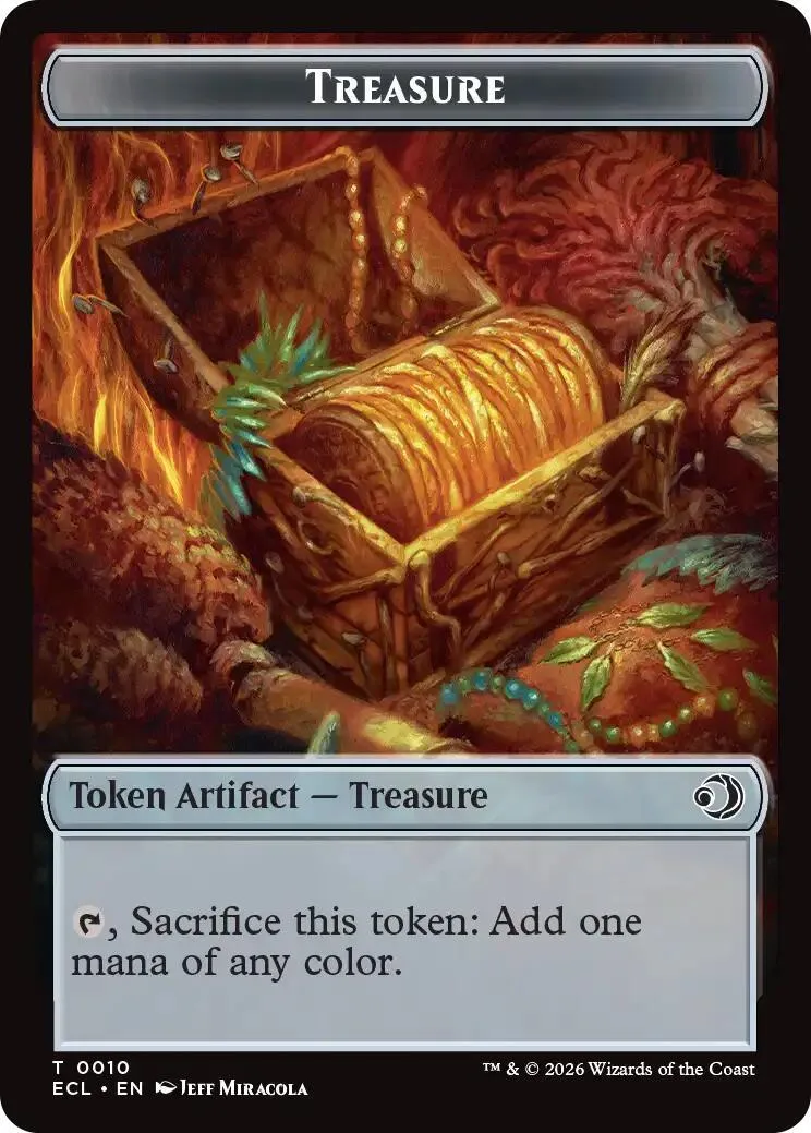 Wooden treasure chest overflowing with gold coins on a collectible card.