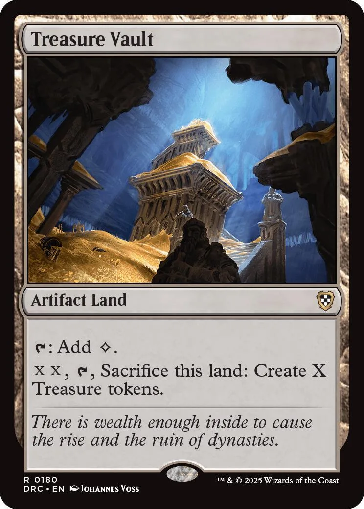Magic: The Gathering card, Treasure Vault, depicts ancient ruins under a blue sky.
