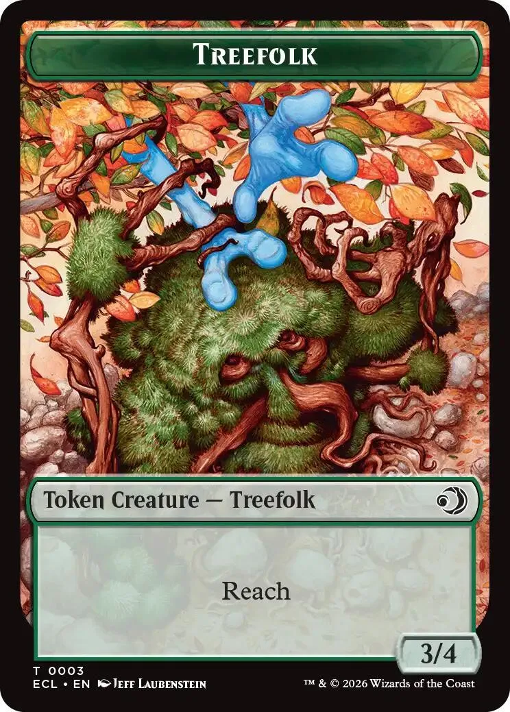 Blue, amorphous creature among autumn leaves on a green tree.