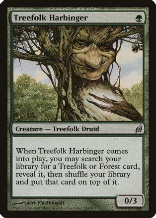 Treefolk Harbinger card art: gnarled tree face in green and brown tones.