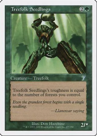 Green, dark creature in forest setting on a collectible trading card.