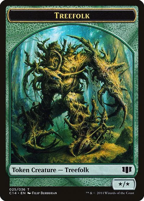 Green and brown tree creature art on a collectible card.