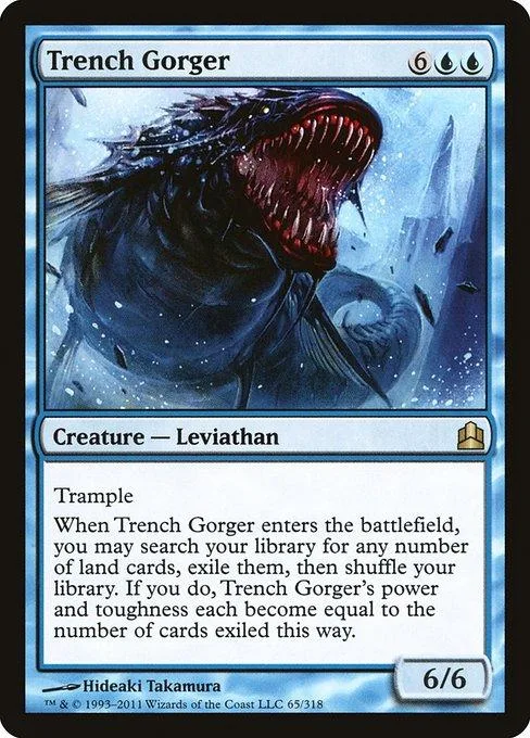Dark leviathan monster card art, red mouth, blue and white background.