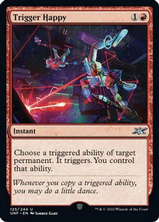 Magic: The Gathering card, Trigger Happy, dark colors, action scene art.