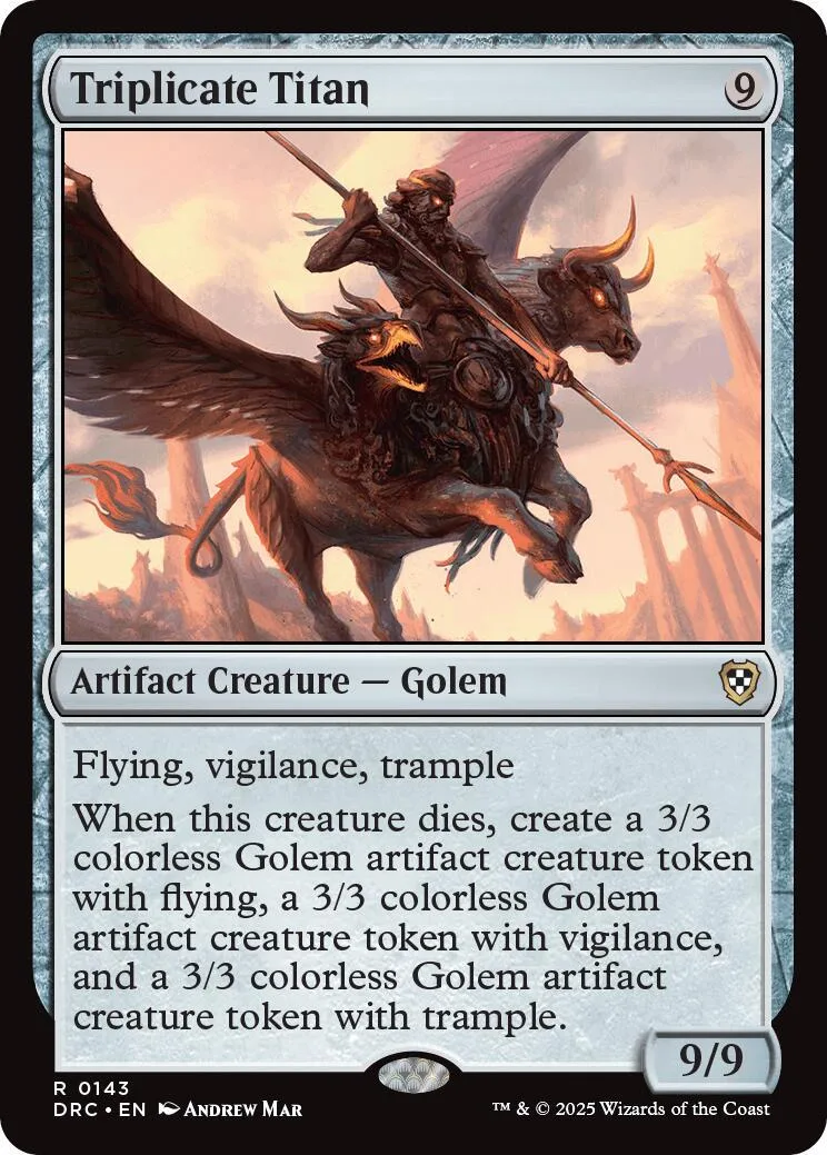 Dark, winged titan on a horned mount, fantasy art on a Magic: The Gathering card.