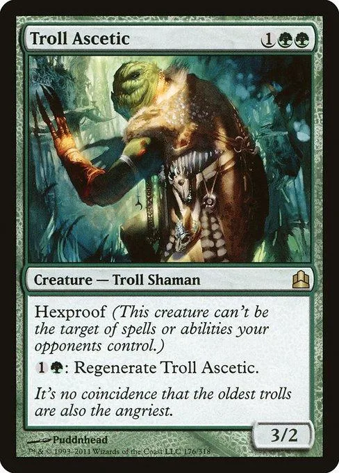 Green troll shaman creature card art, showing a hairy, green humanoid in a forest.