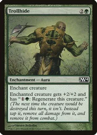 Green troll-like creature in brown armor on a card. Enchantment Aura.