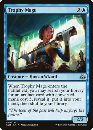 Wizard character in blue and gold armor holding a staff, on a Magic: The Gathering card.