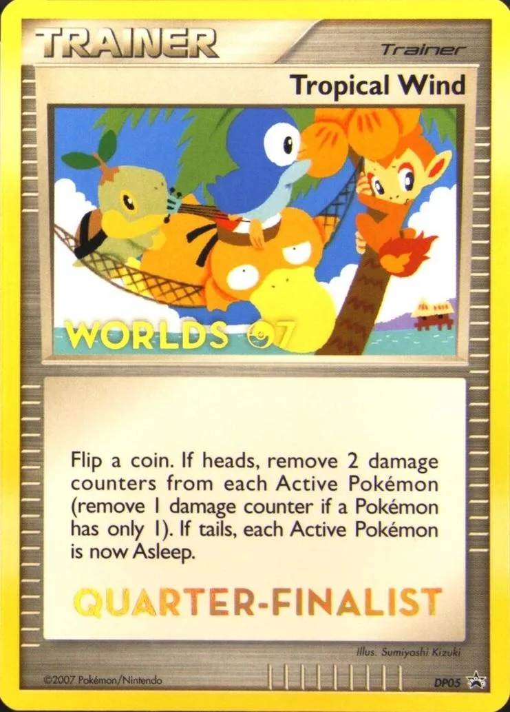 Trainer card featuring Pikachu, Jigglypuff, and Charmander in a tropical scene.
