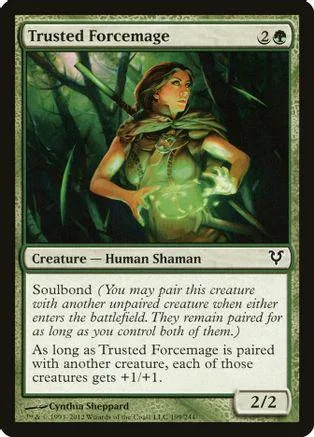 Human shaman creature card, green and dark background, showing tribal figure.