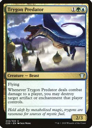 Blue and black dragon creature card, Trygon Predator, flying beast.