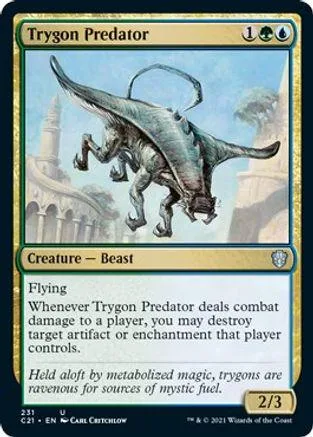 Blue-green dinosaur creature card, Trygon Predator, showing a flying reptile.