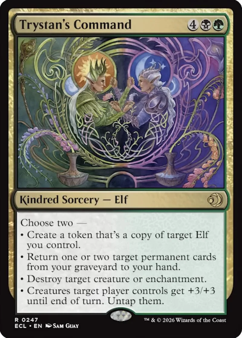 Green and purple fantasy art card featuring two elves in a magical setting.