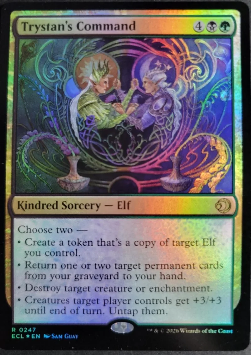 Magic: The Gathering card, "Trystan's Command," featuring elves in a vibrant, swirling scene.
