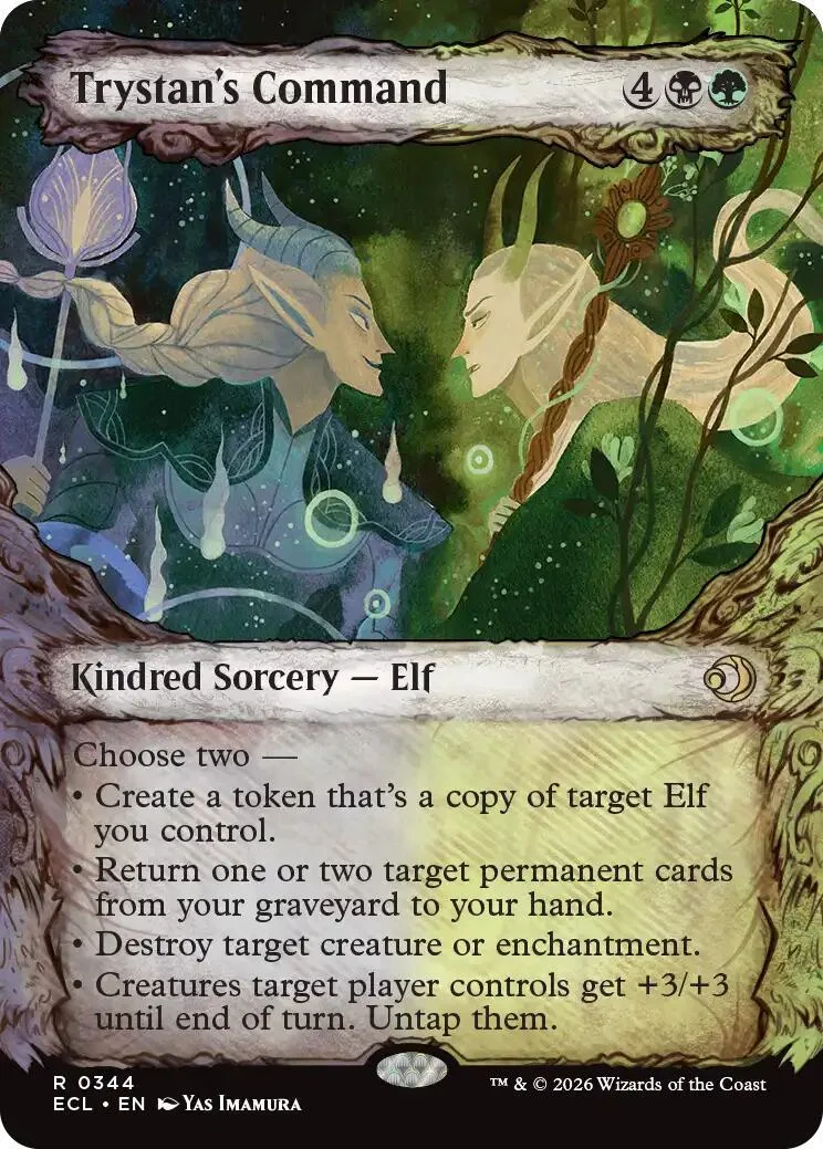 Magic: The Gathering card, "Trystan's Command," featuring two elves in a forest.