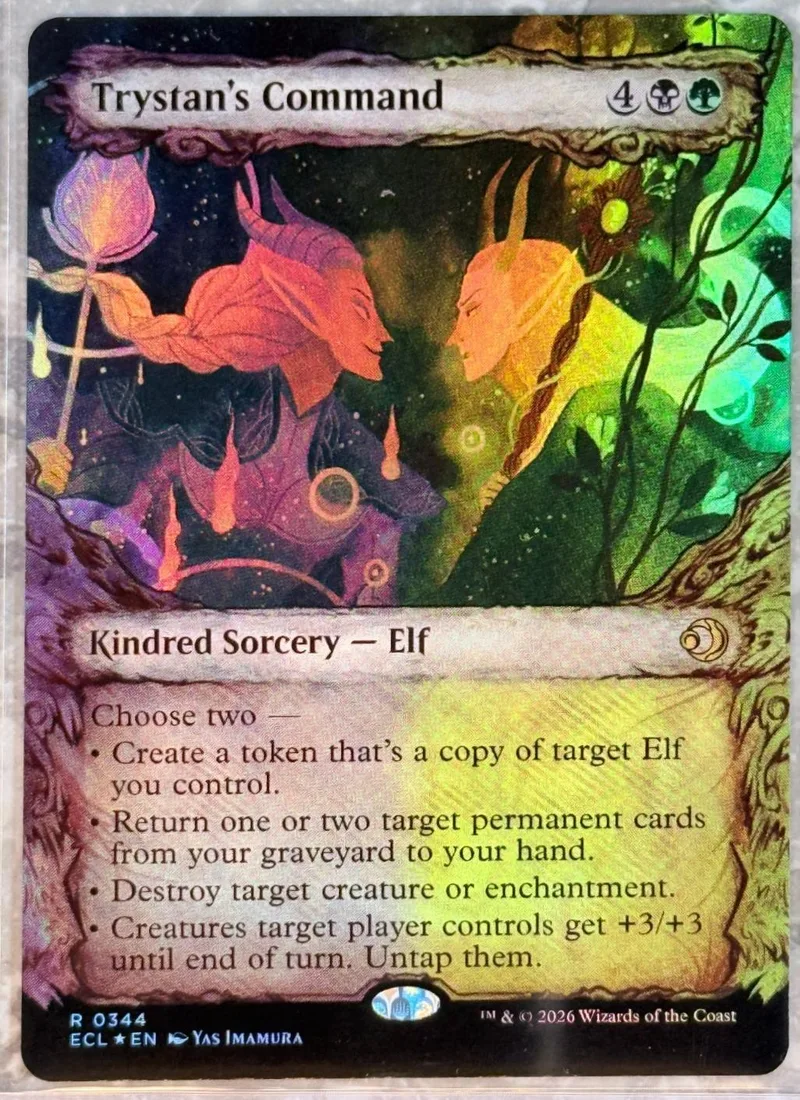 Card art shows stylized elf faces against a dark, colorful forest background.