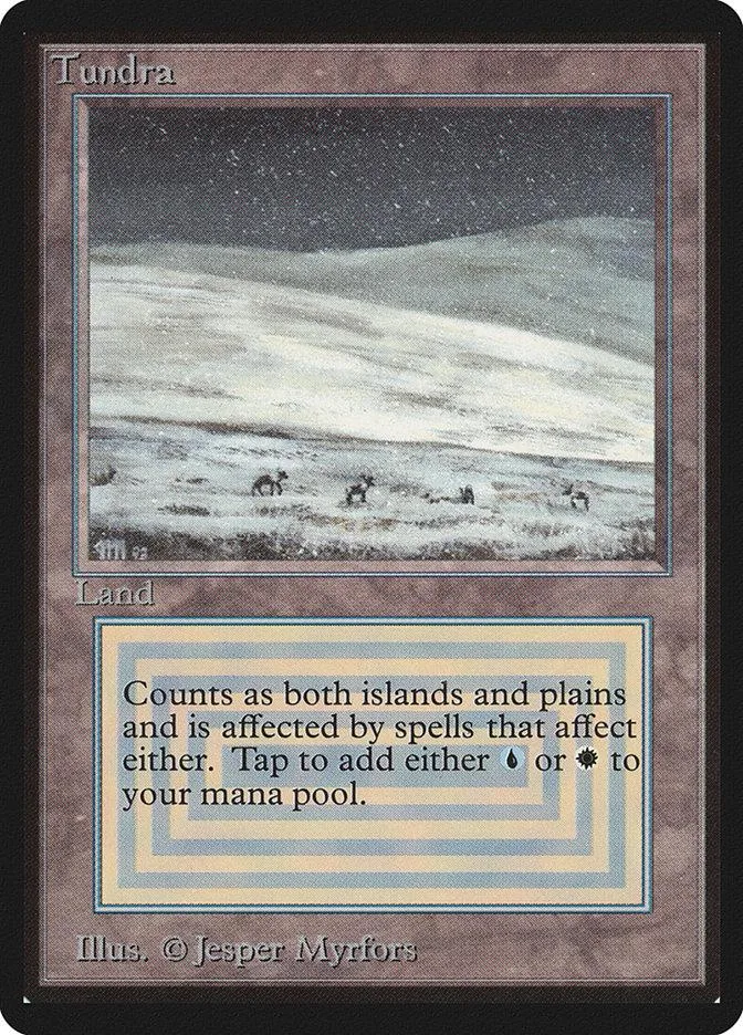 Tundra land card art showing snowy landscape with small figures.
